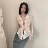 Y2K 2000s Irregular Shirts Women Streetwear Sexy V Neck Bandage Blouses Summer Korean Fashion Long Sleeve Slim Tops New