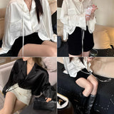 Jinqian satin imitation acetic acid streamer embroidered shirt loose and thin lazy long-sleeved top