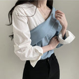 Vintage Women Patchwork T Shirt Korean Casual All Match Long Sleeve Tops Y2K Elegant Female Chic Loose Tees Spring New