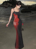 Women Black Red Colorblock Slim Vacation Spaghetti Strap Long Dress Summer Elegant Round Neck Backless Fishtail Dresses 2024 New