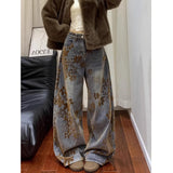 DERMEARNE Ladies Retro American Floral Embroidery Wide Leg Jeans Spring New Loose Slimming Straight Tube Pants Couples Style Floor-Length