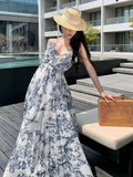 French Summer New Vintage Ink Painting Print Sleeveless Slip Long Dress Women 2024 Fashion Backless Slim Elegant Party Dresses