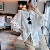 Limiguyue French Hollow out Lace Shirts Summer Women Polo-Neck Lantern Sleeve Embroidery Tops Loose Thin White Linen Blouse Z422