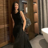 Dermearne New Summer Simple Elegant Black Long Dresses For Women Round Neck Sleeveless High Waist Temperament Female Fashion Style Dress