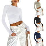 Women's Casual T-shirt, Long Sleeve Crew Neck Solid Slim Fit Ladies Crop Top with Thumb Holes for Daily Street