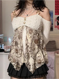 Top Y2K Lolita Tops Off Shoulder Cyber Lace Top Exposure Simple Clothes 2024 Off White Women Gyaru Long Sleeve Clothes for Women