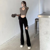 Spring Autumn Floor Pants Bell Bottoms  Broken Hole Sense of Design Leisure Solid Color