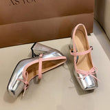 Chunky Heel Mary Jane Shoes Bow Fashions Square-toe High Heels Summer 2024 Retro Platform Sandals Silver Heeled Mary Jane Women