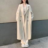 Dermearne Women Loose Jacket Double-breasted Mid Length Trench Coat for Women Windproof Warm Overcoat with Lapel Pockets Fall Winter