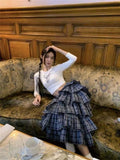 Japanese Style Plaid Skirt Women Streetwear Ruffles Patchwork Pleated Cake Midi Skirt Summer Fashion Harajuku Vintage