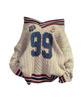 Oversized Korean Preppy Style Letter Print Loose Sweater Women Fashion V-Neck Design Straight Top Autumn Winter Elegant Pullover