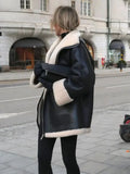 Fashion Warm Leather Fur Coat Women  Winter Long Sleeve Chic  Lapels Coats Female Street Black Engine Lady Bike Jacket