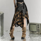Plaid skirt for women with a niche design, retro, irregular edges, punk style, strapless patchwork A-line skirt, 2024 spring