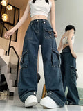 2024 Roupa Y2K Streetwear Vintage Blue Multi Pockets Pleated Baggy Jeans Pants For Women Gothic Clothes New Rock Lady Trousers
