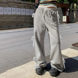 Baggy Bow Lace Patchwork Grey Sweatpants Vintage Casual Harajuku Korean Style Pants Streetwear Wide Leg Thin Trousers
