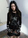 Gothic Vintage Punk Hoodie Women American Retro Grunge Y2k Graphic Striped Patchwork Zipper Tees Tops Spring 2024 Chic