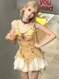 Dermearne Summer Elegant Slim Ruffle 2 Piece Set Women Vintage Y2k Natural Off Shoulder Tops Female High Street Sexy Patchwork Clothing