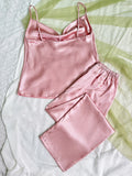 Solid Satin Pajama Set  Draped Collar Cami Top  Elastic Waistband Pants Women's Sleepwear   Loungewear
