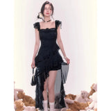 Y2K Black Irregular Midi Dress Women Vintage Sexy Slash Neck Long Tailed Dresses Party Prom Korean White Bodycon Vestidos