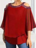 DERMEARNE Plus Size  Wome's Off Shoulder Short Sleeve Blouses Print Decoration Chiffon Shirts Ladies Clothing Female Blusas Women Tops