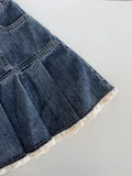 American Retro Kawaii Denim Mini Skirt Women Sexy Gyaru Lace Patchwork High Waist Pleated Jean Skirts Y2k Shorts Summer 2023
