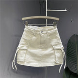 Sexy Women's Denim Skirts Three Dimensional Strap Pocket Wash High Tooling A-line Jean Skirt Women Vintage Casual Vintage Skirt