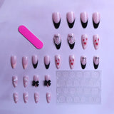 24pcs press on nails short almond bowknot black press on nails white pearl strawberrie sweet french tip press on nails cute nail