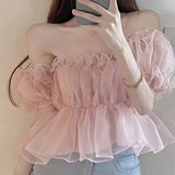 Dermearne Womens Elegant Off The Shoulder Puff hort Sleeve Blouse Summer Chiffon Slim Fit Party Crop Top