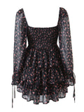 Fashion Women Vintage Floral Print Chiffon Dress Sexy Semi-Sheer Long Sleeve Layered Ruffle Ladies Short Dress