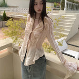 Y2K 2000s Irregular Shirts Women Streetwear Sexy V Neck Bandage Blouses Summer Korean Fashion Long Sleeve Slim Tops New
