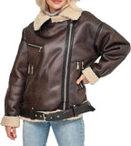 Winter Women Faux Lamb Fur Leather Short Jacket Lapel Zipper Bomber Aviator Coat Oversized Warm Moto Biker Jackets for Women