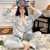 Autumn New Ice Silk Women Pajama Lapel Button Cardigan Outfits for Women 2 Piece Set Fashion Printing Set Clothes for Women