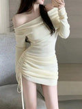 Off Shoulder white Long Sleeve Knitted Dress Women's Spring New Spicy Girl Drawstring Pleated Waist Wrap Hip Skirt 1PGE