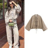 Crop Bow Lace-Up Blouse Women's Shirt Summer 2024 O-Neck Long Sleeve Loose Shirt Elegant Fashion All-Match Ladies Blouses