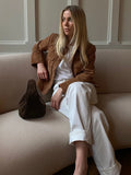 Vintage Brown Women's Lapel Suede Leather Jacket Fashion Single Breasted Pockets Slim Coat 2024 New Female Autumn Chic Outerwear