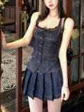 American Style Outfits 2 Piece Skirt Set Korean Single Breasted Denim Halter Tops + Women Fashion Sexy Pleated Skirt Hot Girls