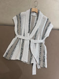 Hollow bead striped cotton linen knitted jacket with waistband tie up