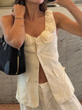 3D Rose Flower Sleeveless Vests Women 2024 Slim Fit V-neck Flowers Tops Summer Sexy Chic  Single-Breasted Casual Outwear