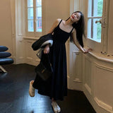 Korean Elegant Midi Dress Women Fashion Hepburn Style All Match A Line Dress Ladies Harajuku Black Casual Pleated Party Dress