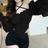 Summer Women Sweet Square Neck Slash Neck Cross Halter Strap Chiffon Shirts Puff Sleeve Slim Blouses Casual Elegant French Top