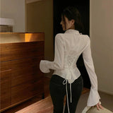 Dermearne Women Bandage Shirts Streetwear White Flare Long Sleeve Slim Blouses Spring Korean Fashion Black Lace Up Casual All Match Tops