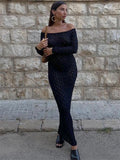 Knit Off-Shoulder Slim Maxi Dress For Women Patchwork Fashion Long Sleeve Hollow Out Knitwear Dress Summer Party Dress New