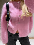 Lady Chic Round Neck Mohair Cardigan Casual Loose Single Breasted Long Sleeve Sweater 2024 Women Elegant Office Commute Knitwear
