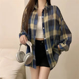 Tops Women Sheer Chiffon Plaid Shirt Long Sleeve Button Up Collared Oversize Checked Shirts and Blouse Summer Casual Outfit