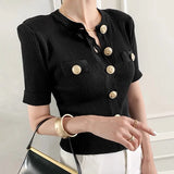 Korean Chic Women's Clothes Cardigan Summer Elegant O-neck Big Button Design Slim Female Short Knitting Top Tees