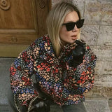 Woman Floarl Print Quilted Jacket Retro Stand Collar Pocket Warm Ladies Outfit 2024 Autumn Winter Fashion Girls Chic Clothes