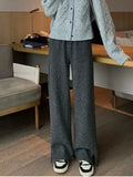 Women Pants Autumn Winter Thickening High Waisted Wool Wide Leg Pants Women Fashion Chevron Lengthening Leg Opening Floor Length
