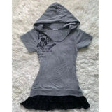 Gothic Punk Women T Shirts with Hooded Grey Subculture Harajuku Y2k Casual Rock Tops Summer Short Sleeve Grunge Popular Tees