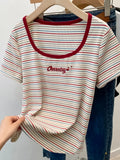 Plus Size Women's Top 2024 Summer New Slightly Fat Girl Fashion Versatile Stripe Letter Embroidered Short Sleeved T-shirt