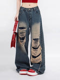 American Retro Jeans Loose Wide-leg Jeans Women Blue Hole Look Thin Trendy All-match Wide Leg Straight Mopping Pants Women 2024